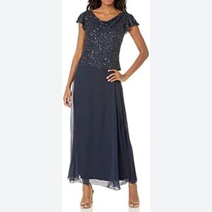 NWOT J Kara Women's Petite Flutter-Sleeve Embellished Popover Dress SZ 12 P NAVY